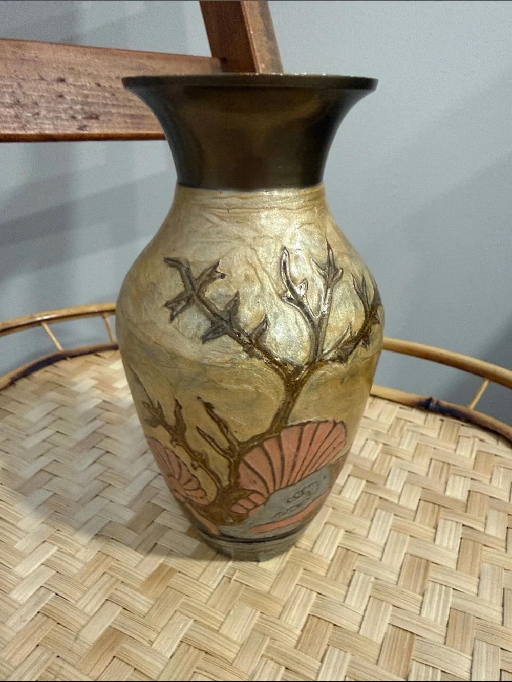 Decorative Gold Toned Floral Ceramic Vase with Coral Accents Brass Boho